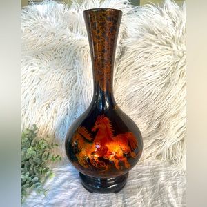 VASE- "made in Vietnam" TALL BEAUTIFUL Black Lacquer -Decorated Scene